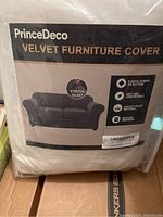 Photo of the PrinceDeco Velvet Furniture Cover package showing the brand, stretch velvet material, elastic straps, and soft bed comfortable icons.