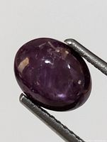 Close-up image of an oval cabochon cut natural ruby held by tweezers showing star asterism and minor inclusions.