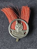 Front view of the vintage Boy Scout hat pin featuring a wolf head and red bristle crest.
