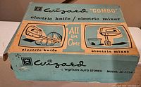 Original box with vintage design labeled Wizard 'Combo' electric knife/electric mixer model JC-2258