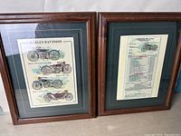 Two framed Harley Davidson prints with dark wood frames on a white surface, one showing four vintage motorcycles and the other an order blank.