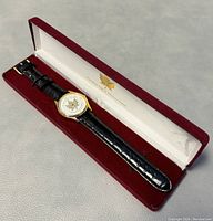 Full view of Afghanistan Mission Watch in red display box with white inner lining and gold emblem.