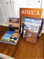 Photo showing all books standing upright, titles visible including 'Africa,' 'Great Cats,' and 'Safari'
