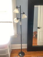 Full view of black metal floor lamp with three adjustable lights and white plastic shades, standing beside a window and mirror.