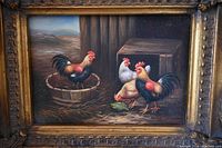 Close-up photo showing detailed roosters and barnyard scene with subtle color gradients and signature E. Hout 1892.