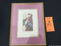 Framed etching shown fully framed with gilt frame and purple matte border, artwork centered on cream torn-edge paper mat.