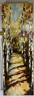 Full view of tall rectangular painting showing birch trees extending up with blue sky and yellow-green foliage. The textured brushwork and color palette are visible.