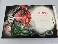Open Exodo title page spread with colored etching and aquatint artwork