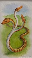 Full view of watercolor painting showing three-headed snake against green grass and blue sky