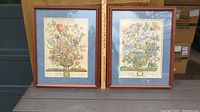 Two framed Furber floral prints representing February and October next to a measuring stick for scale, showing approximately 22 x 18 inches each in frame.