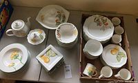 Overview of all pieces laid out, showing teapot, tureen, bowls and plates