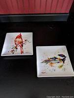 Two 7-inch square ceramic plates with painted birds, one cardinal and one multi-colored bird.