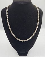 Full view of the sterling silver rope chain necklace displayed on a black bust stand, showing the overall length and design.