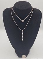 Front view on black bust displaying the two sterling silver necklaces with different pendants and lengths.