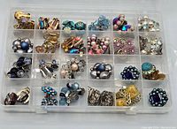 Top-down view of the plastic compartment box showing all approximately 20 pairs of vintage clip-on earrings in several compartments organized by style and color.