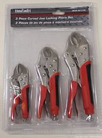 Front view of blister pack containing 3 curved jaw locking pliers of varying sizes with red and black handles.