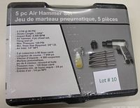 Photo of product label on storage case showing product specifications and contents of 5 pc air hammer set
