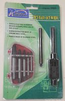 Front view of the 7 piece screw extractor set in original packaging showing 6 extractors and 1 handle and branding.