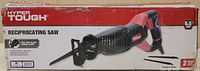 Box of Hyper Tough reciprocating saw showing brand, product name, 6.5 amp rating, variable speed up to 3000 spm, and tool free blade change clamp