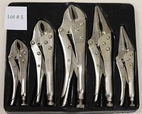 Five Mastercraft locking pliers arranged on black tray, showing size and jaw shape variety.