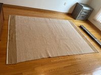 Full view of the rectangular beige and white chevron patterned rug on hardwood flooring.