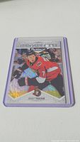 Photo of Brady Tkachuk rookie hockey card from 2018-19 Parkhurst series inside protective casing