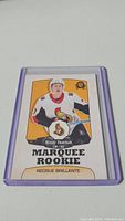 Front image of Brady Tkachuk rookie hockey card Marquee Rookie in protective case