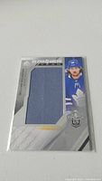 Close-up of William Nylander hockey jersey trading card with blue jersey swatch and player image in Maple Leafs gear.
