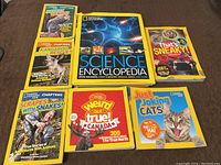 Seven National Geographic Kids books arranged on a floor showing front covers with various animal and science themes.