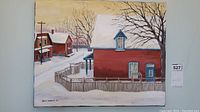 Full view of the painting showing the red house with snow and trees.