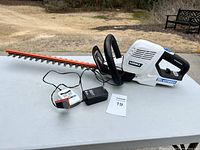 Photo showing full hedge clipper unit on table with blade guard, charger and power adapter cable.