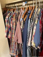 Closet view showing a variety of hanging shirts including flannels and Hawaiian styles in various colors and patterns on wooden and plastic hangers.
