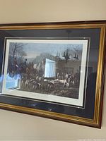 Framed print of a horse hunting scene titled 'Run to Earth' with riders and dogs visible