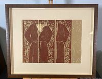 Full view of the framed signed woodblock print depicting a gentlemen's robe in abstract reddish shade on beige background.