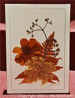 Front view showing the handmade floral artwork with different types of dried leaves, flowers, and grasses on a white background, framed and sealed.