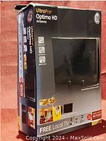 Front and side view of the GE UltraPro Optima HD Antenna box showing key features and branding.