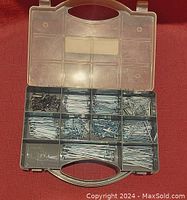 Plastic organizer box with multiple compartments filled with various wire nails and brad nails, displaying the quantity and assortment in the lot.