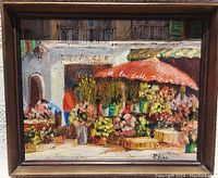 Frontal view of the signed oil painting showing colorful flower market scene and artist signature 'P. Allen' in bottom right corner.