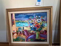 Full view of the original signed acrylic painting by Solomon Alter showing floral and waterfront scene in ornate frame.