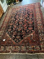 Full view of Sarouk rug laid flat on floor showing overall medallion pattern and multiple borders