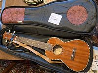 Ukulele in padded case showing body, strap, picks on headstock, and capo