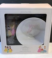 Photo showing the boxed set of Pottery Barn Kids Disney Princess tumbler, plate, and bowl with visible characters and packaging branding.