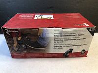 Front and top view of packaging box with Richelieu branding and product title, showing 4 casters and usage image with foot operating caster.