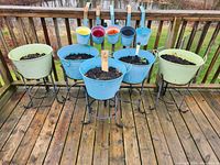 View of five large metal plant containers with soil, held on black metal stands, along with six attached small hanging colored railing pots.