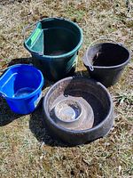 Overview of livestock containers placed on grass: one black feed pan, one green rubber pail, one black flat back bucket, and one blue flat back bucket.