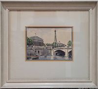 Full image of framed painting showing Paris river scene including the Eiffel Tower, bridge, and boats.