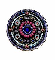 Front close-up showing detailed bead, rhinestone and mosaic pattern in blue, purple, and pink colors.