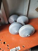 Photo of a pair of 4.5 kg dumbbell weights with gray plastic encasing lying on an orange surface.