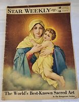 Front cover of 1954 Star Weekly newspaper magazine showing a color illustration of a woman and child representing sacred art.