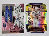 Both Peyton Manning football cards side by side showing front designs including fabric patches on one card